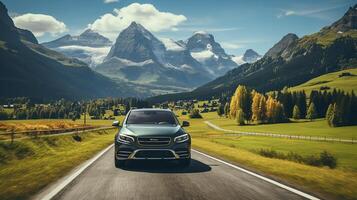 AI generated Car on the road, amazing switzerland mountain background photo