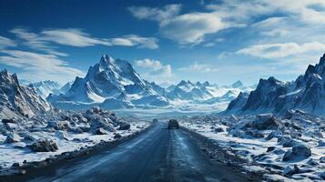 ai generado viaje a Islandia. la carretera en un brillante soleado montaña paisaje. Vatna volcán cubierto con nieve y hielo en tne antecedentes foto