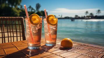 AI generated Two glasses of juice with one being held up with a straw, Beautiful panoramic nature. Tropical beach as summer island landscape with chairs umbrella palm leaves calm sea shore, coast. photo