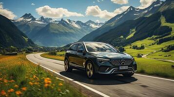 ai generado coche en el camino, increíble Suiza montaña antecedentes foto