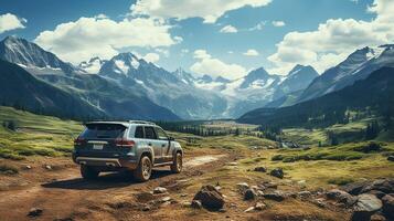 AI generated Large car parked on dirt road among the mountain and meadow on sunny day in summer photo