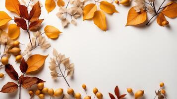 AI generated Autumn leaves and a sheet of parchment paper on a white background from above. With space for text. Minimal Thanksgiving and Halloween Seasonal Design Art. photo