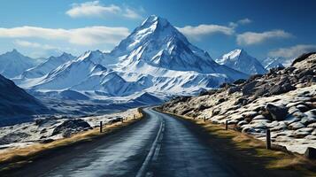 AI generated Travel to Iceland. road in a bright sunny mountain landscape. Vatna volcano covered with snow and ice on tne background photo