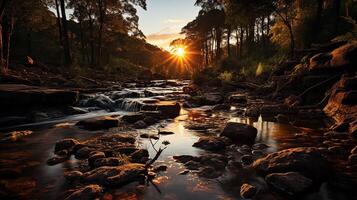 AI generated Waterfall at sunset photo