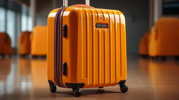AI generated Orange suitcase in airport terminal Travel and vacation concept photo
