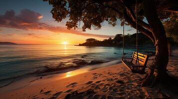 ai generado atardecer, tropical playa paraíso como verano paisaje con playa columpio o hamaca y blanco arena, calma mar sereno playa. lujo playa vacaciones verano día festivo. foto