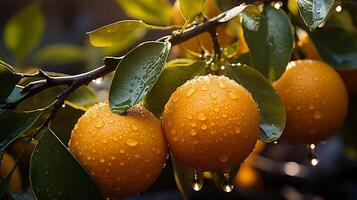 ai generado el naranjas son colgando en un árbol en el jardín antecedentes foto