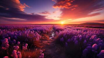 ai generado maravilloso escenario, increíble verano paisaje de floreciente lavanda flores, pacífico puesta de sol vista, agricultura escénico. hermosa naturaleza antecedentes foto