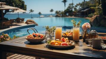 ai generado desayuno en nadando piscina, flotante desayuno en lujoso tropical complejo. mesa relajante en calma piscina agua, sano desayuno y Fruta plato por recurso piscina. foto