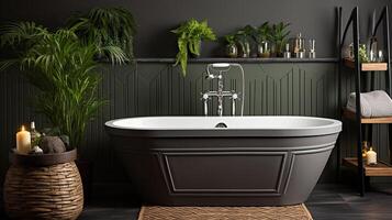 ai generado interior de moderno baño con verde paredes, de madera piso, cómodo bañera y doble lavabo con espejo foto
