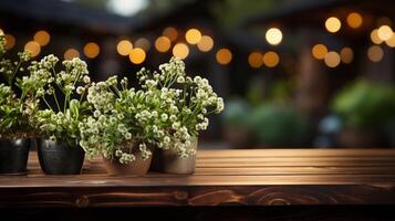 AI generated Empty wooden table, Green bokeh background photo