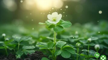 AI generated Single blooming flower with dew on fresh green leaves in sunrise photo