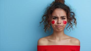 AI generated Young Woman With Painted Cheeks Making a Face Against Blue Background photo