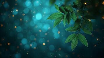 AI generated Green Leaves Against a Sparkling Blue Bokeh Background photo