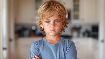 AI generated Portrait of a thoughtful young boy with blue eyes in a home setting photo