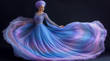 AI generated Elegant woman in flowing blue dress with turban on dark background photo