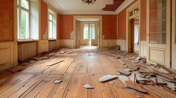 AI generated Abandoned vintage room with peeling paint and debris on wooden floor photo