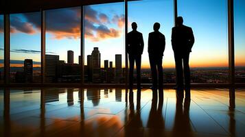 AI generated Silhouetted business professionals overlooking cityscape at sunset photo