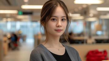 AI generated Confident young woman portrait in modern office environment photo