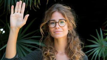 ai generado sonriente mujer ondulación mano en al aire libre ajuste foto