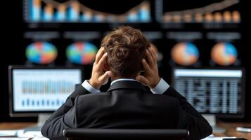 AI generated Stressed Stock Trader at His Desk During Market Hours photo