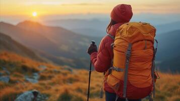 AI generated Hiker Enjoying Sunrise From Mountain Summit During Autumn photo