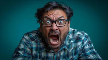 AI generated Shocked Man With Wide Eyes and Open Mouth on Teal Background photo