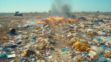 AI generated Pollution crisis, Burning garbage at illegal dumpsite with smoke and environmental damage photo