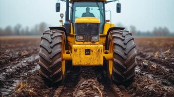 AI generated Farmer Plowing Fields With Yellow Tractor in Overcast Weather photo