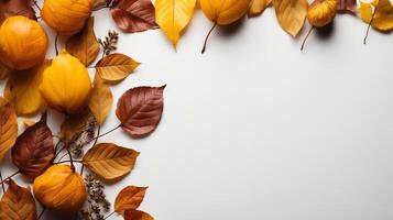 AI generated Autumn leaves and a sheet of parchment paper on a white background from above. With space for text. Minimal Thanksgiving and Halloween Seasonal Design Art. photo