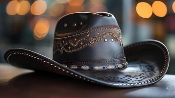 AI generated Elegant Black Cowboy Hat on Wooden Table at Dusk photo