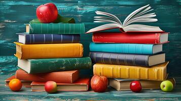 AI generated Colorful stack of hardcover books with fresh fruits on wooden table photo