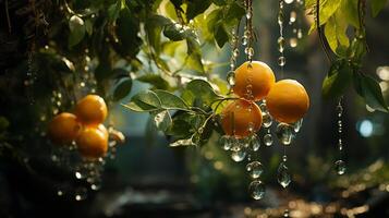 ai generado el naranjas son colgando en un árbol en el jardín antecedentes foto