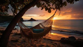 ai generado atardecer, tropical playa paraíso como verano paisaje con playa columpio o hamaca y blanco arena, calma mar sereno playa. lujo playa vacaciones verano día festivo. foto