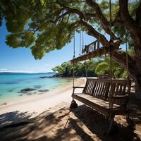 ai generado tropical playa paraíso como verano paisaje con playa columpio o hamaca y blanco arena, calma mar sereno playa. lujo playa vacaciones verano día festivo. foto