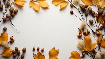 AI generated Autumn leaves and a sheet of parchment paper on a white background from above. With space for text. Minimal Thanksgiving and Halloween Seasonal Design Art. photo