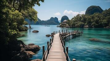 ai generado relajante en madera puente en hermosa destino isla, Phang Nga bahía, azul cielo, aventuras estilo de vida viaje tailandia, turismo naturaleza paisaje Asia, turista en verano fiesta foto