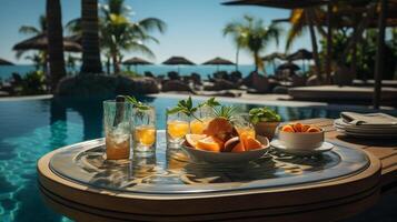 AI generated Breakfast in swimming pool, floating breakfast in luxurious tropical resort. Table relaxing on calm pool water, healthy breakfast and fruit plate by resort pool. photo