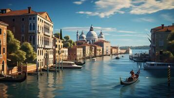 AI generated Traditional gondolas in venetian water canal in Venice. Beautiful turistic place. Travel. Gondolier carries tourists on gondola Grand Canal of Venice, Italy photo