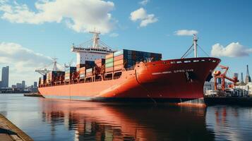 ai generado envase carga carga Embarcacion durante descarga a industrial puerto, logístico importar exportar antecedentes y transporte industria concepto foto
