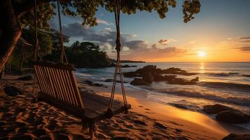 ai generado amanecer, tropical playa paraíso como verano paisaje con playa columpio o hamaca y blanco arena, calma mar sereno playa. lujo playa vacaciones verano día festivo. foto