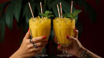 AI generated Two glasses of juice with one being held up with a straw, Beautiful panoramic nature. Tropical beach as summer island landscape with chairs umbrella palm leaves calm sea shore, coast. photo
