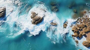 AI generated Summer seascape, blue sea water in sunny day. Top view from drone. longest Sea aerial view, amazing tropical nature background. photo