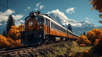 ai generado tren en el ferrocarril, increíble montaña antecedentes foto