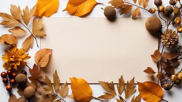 AI generated Autumn leaves and a sheet of parchment paper on a white background from above. With space for text. Minimal Thanksgiving and Halloween Seasonal Design Art. photo