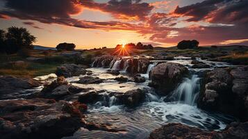 AI generated Waterfall at sunset photo