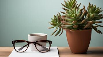 AI generated Business concept. Top view of empty notebook, laptop, cup of coffee, succulent plant ans eyeglasses over light desk. photo