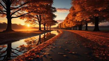 AI generated Amazing autumn landscape. Panoramic forest nature. Colorful forest with sun rays orange golden leaves trees. dream fantasy scenic pathway. Beautiful fall park footpath photo