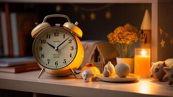 AI generated close up photo Children's desk with reading book, pencil, alarm clock with copy space