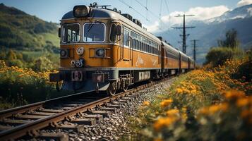 AI generated Train on the railroad, amazing mountain background photo